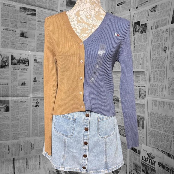 Tommy Jeans Colorblock Rib Knit Cardigan NWT Women's XL Logo Button Sweater - Picture 1 of 8